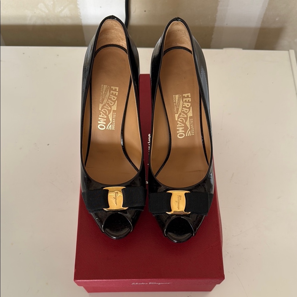 Salvatore Ferragamo Black Patent Leather Peep-Toe Heels - Picture 2 of 6